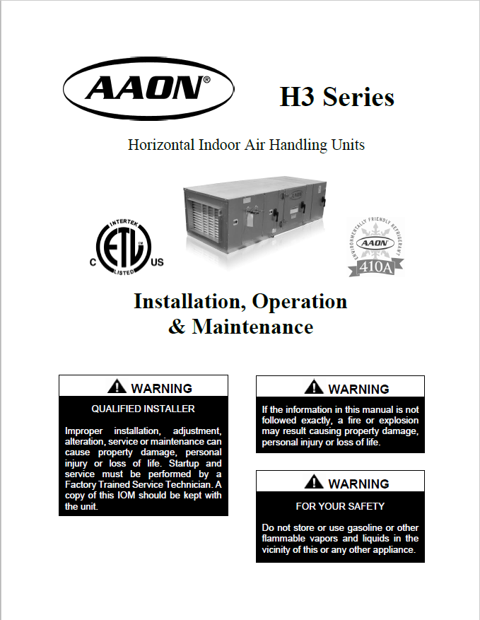 AAON H3 IOM (Package of 5) - Revision 180813 G014410