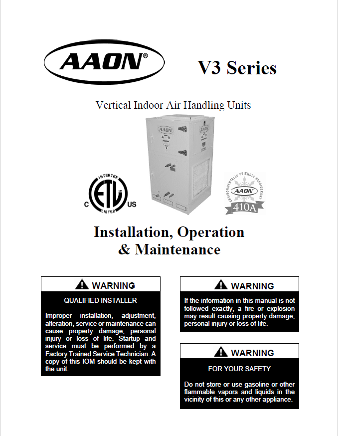 AAON V3 IOM (Package of 5) - Revision 180813 G014420